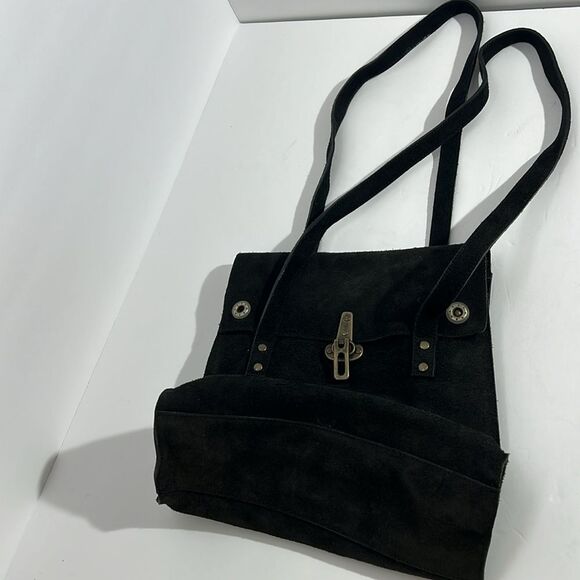 Franchi Black Suede Buckle Front Square Flap Double Handle Shoulder Bag - Picture 3 of 7